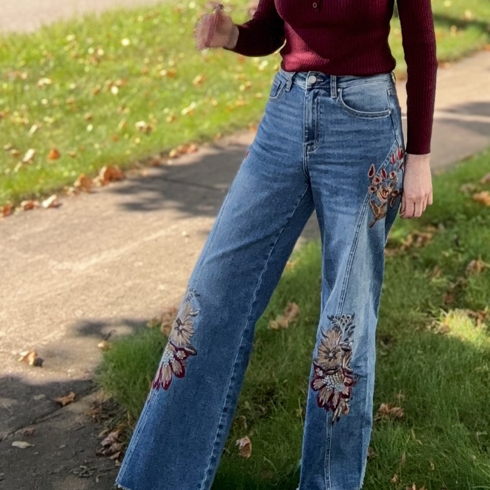 High Rise Embroidered Wide Leg Jeans with Raw Hem